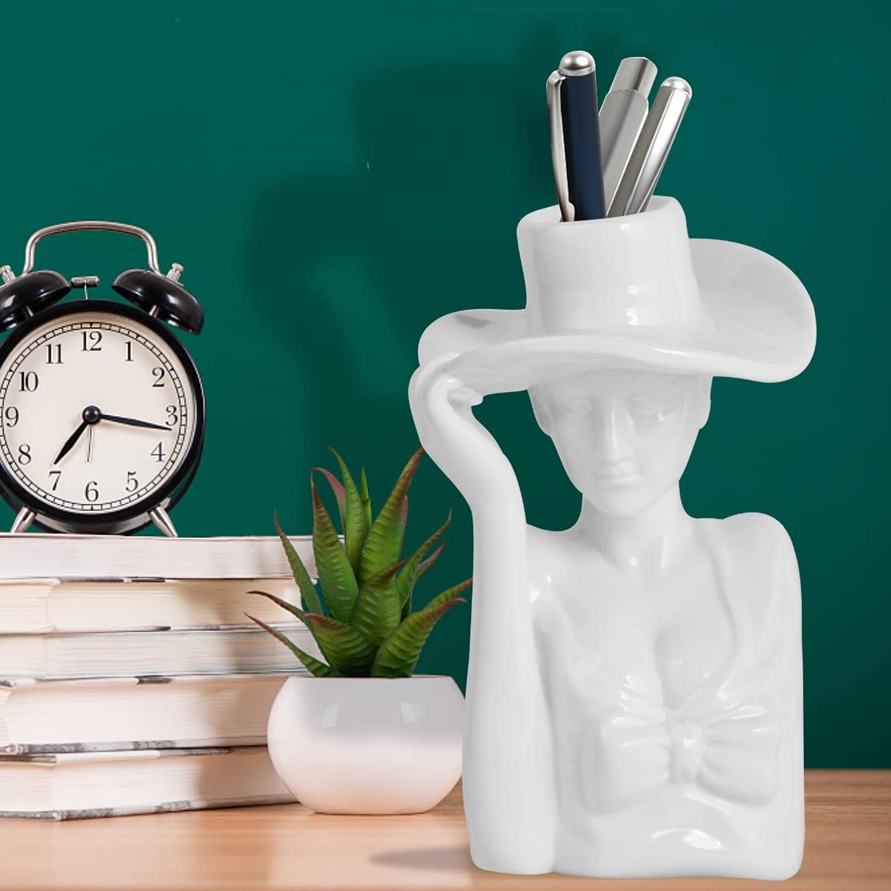 Art Female Form Body Ceramic Vase for Flowers, Creative Elegant Upper Body Woman Face Head Hand Arrangement Sculpture Vase with Cowgirl Top Hat Design for Home Decor, 6 Inch, Glossy White