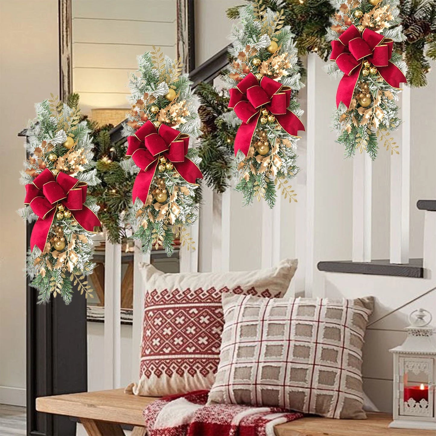 Christmas Teardrop Swag Decoration,21.6Inch Flocked Pine Christmas Garland with Bow for Decorating Outdoor Front Door Stair Windows Fireplace,Xmas Decor‌