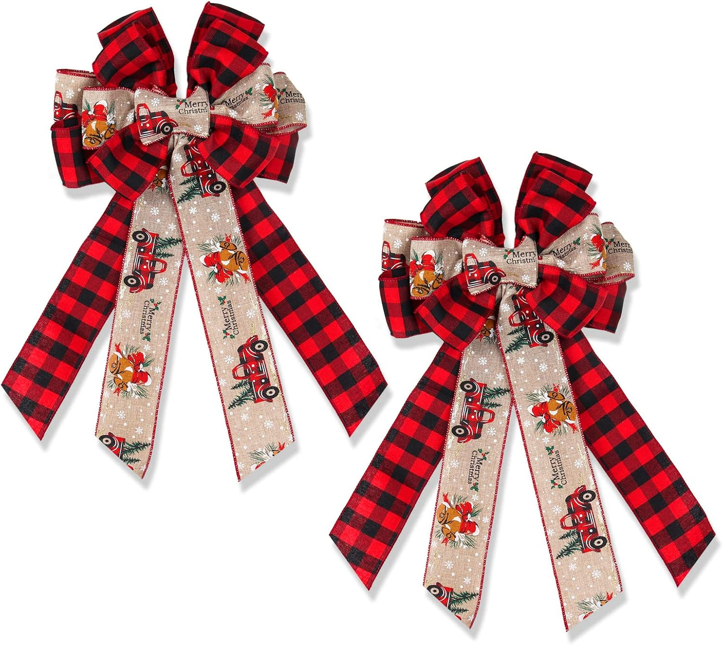 RECUTMS 2 Pieces Red Christmas Bows Tree Topper Burlap Bows with Xmas Bell Pattern Small Two-Tier Christmas Wreath Bow for Xmas Parties Front Door Home Indoor Outdoor Holiday Decorations