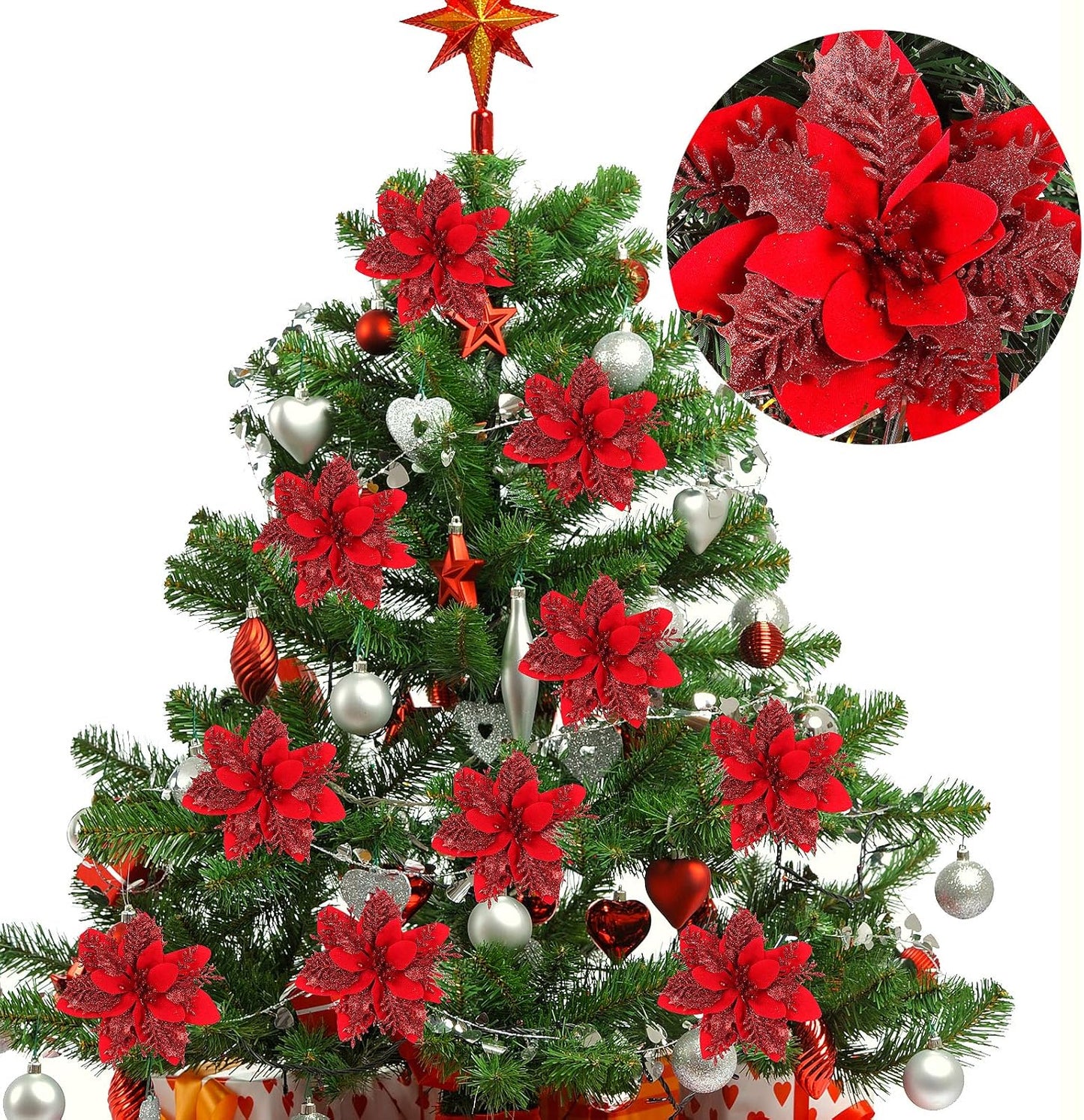 RECUTMS 10 Pcs Christmas Glitter Artificial Poinsettia Flowers 6 Inch Christmas Wreath Christmas Tree Flowers Ornaments Holiday Seasonal Decorations for Xmas New Year Wedding Party(Red)