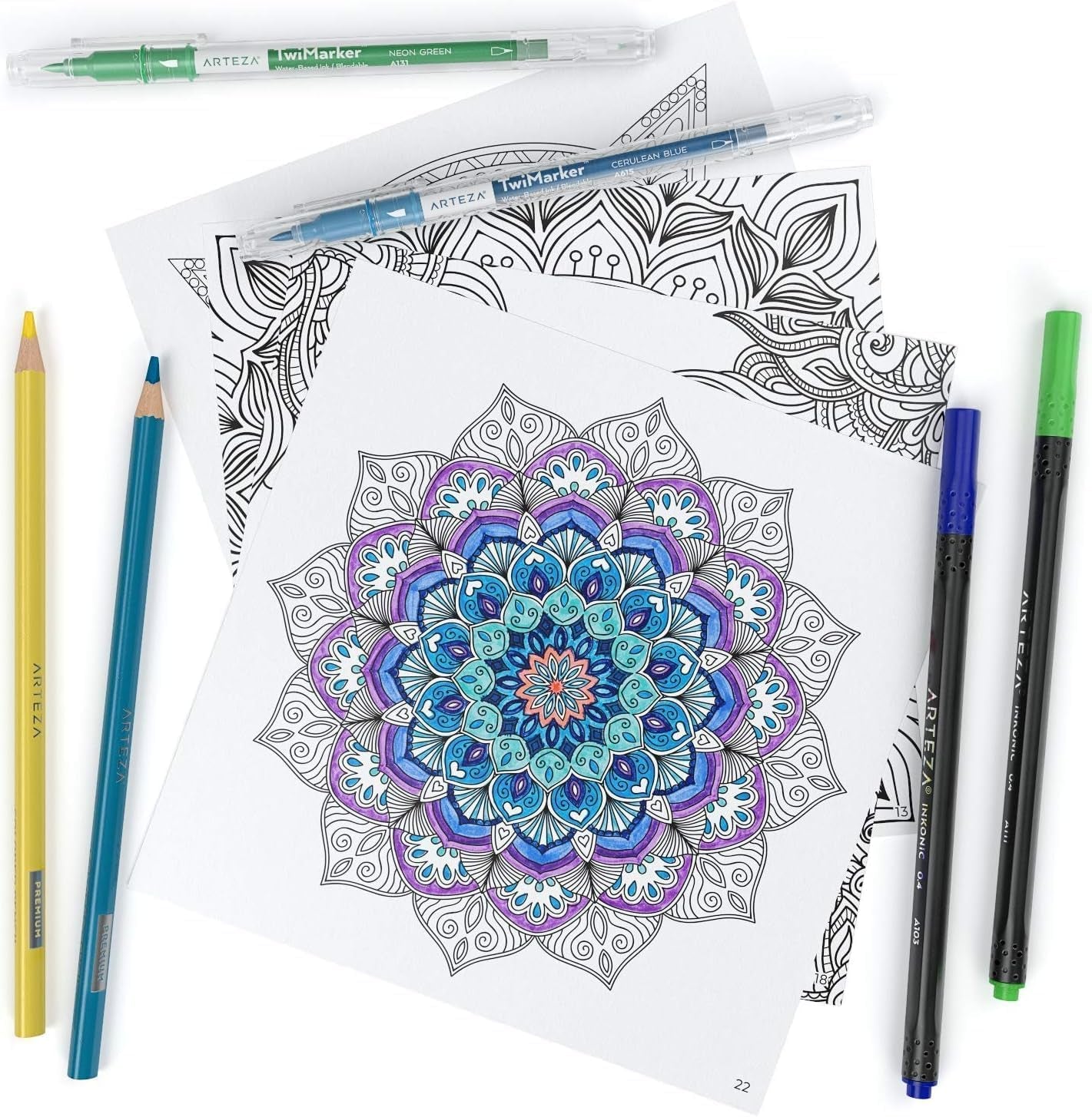 ARTEZA Adult Coloring Books, Floral & Mandala Designs, Pack of 2, 72 Sheets Each, 6.4X6.4 Inches Coloring Pages, 100 Lb Paper