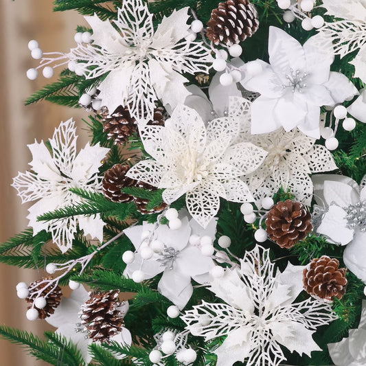 56Pcs Poinsettia Christmas Flowers Decorations Christmas Flower Ornaments White Christmas Flowers Christmas Pine Cones Christmas Tree Ornaments Christmas Tree Decorations