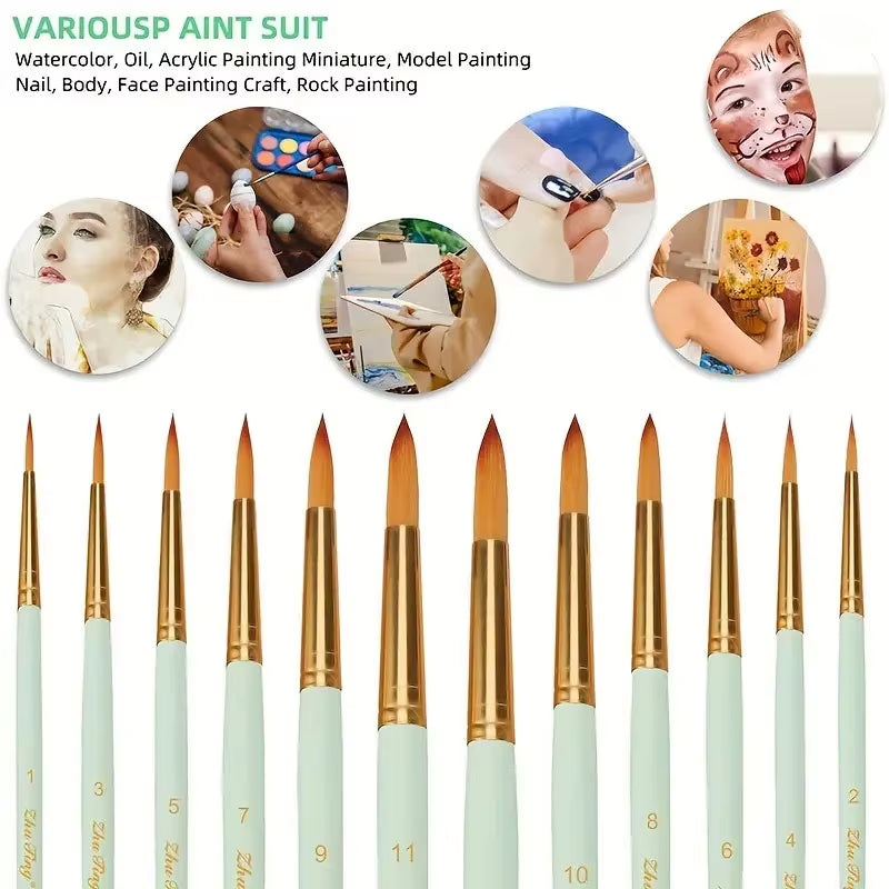 12Pcs Artist Brushesprofessional Round-Pointed Tip Paint Brushes for Acrylic Watercolor Oil Painting, Face Body Nail Art, Crafts