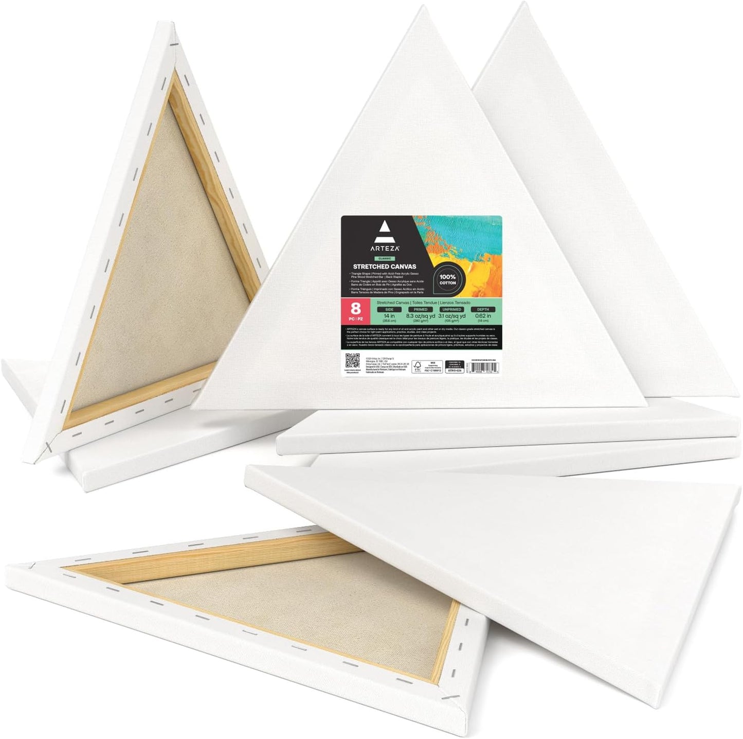 ARTEZA Triangle Stretched Canvas 14 Inch Side Pack of 8 – Blank White Cotton Canvases for Acrylic, Oil, Gouache Painting – Pre-Primed on Wood Frame