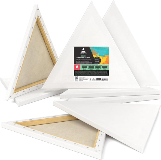 ARTEZA Triangle Stretched Canvas 14 Inch Side Pack of 8 – Blank White Cotton Canvases for Acrylic, Oil, Gouache Painting – Pre-Primed on Wood Frame