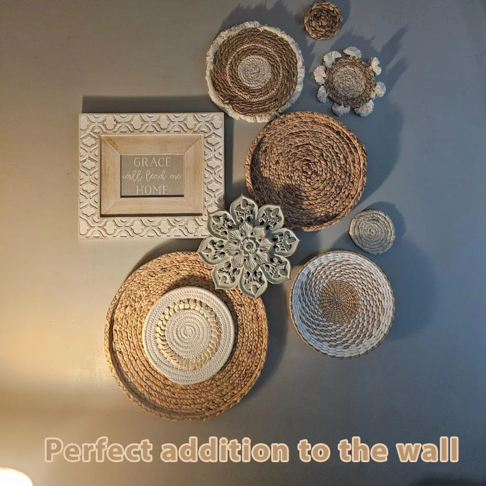 7 Pack Boho Wall Decor, Rattan Wicker Home Decor Boho Wall Art Set Handmade Hanging Rustic Flat Farmhouse Decor for Living Rooms Bedrooms Kitchen
