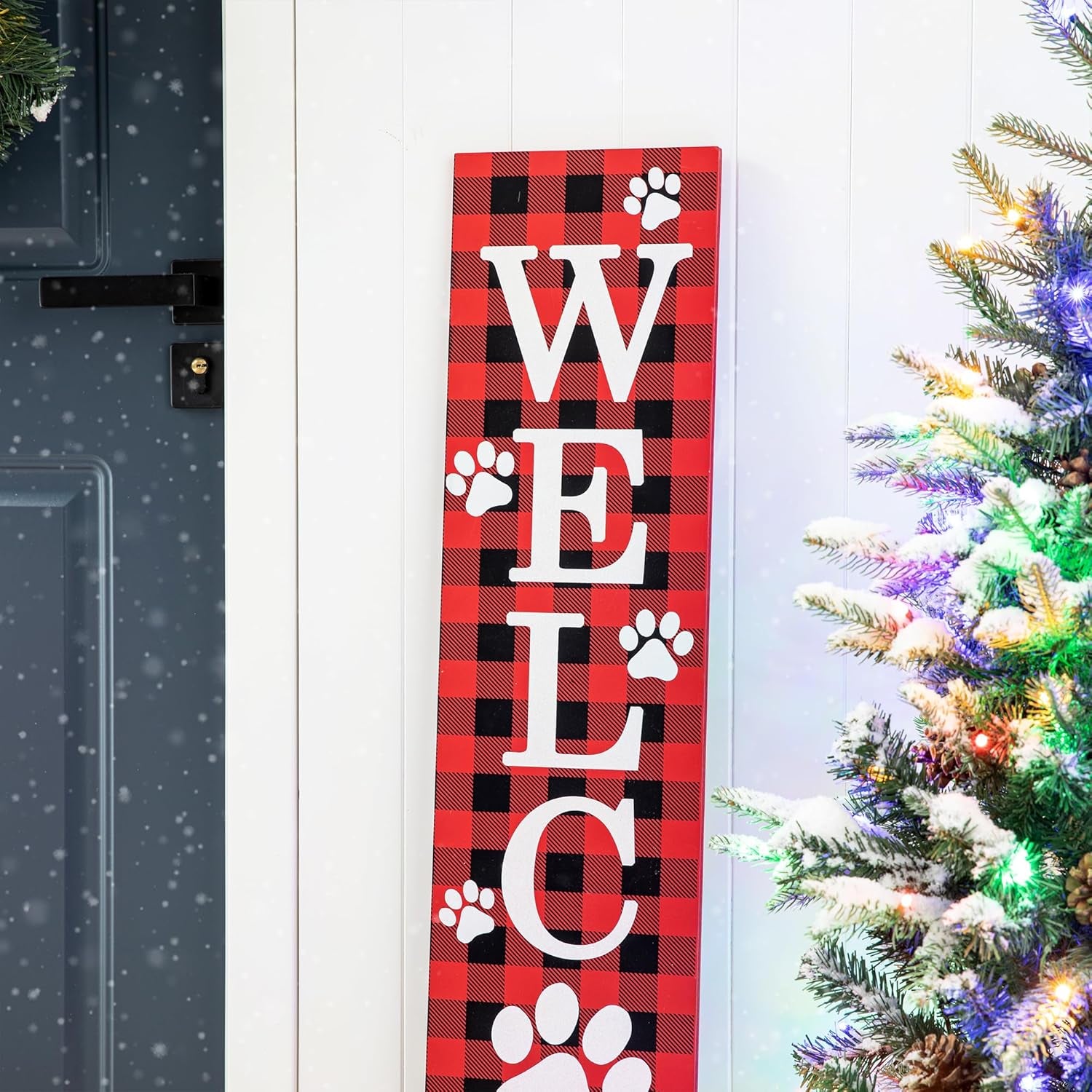 Glitzhome Wooden Welcome Sign with Plaid Pet Paw for Porch, Rustic Farmhouse Style Hanging Vertical Welcome Sign, Red, 42'H, 8'L X 0.5'W