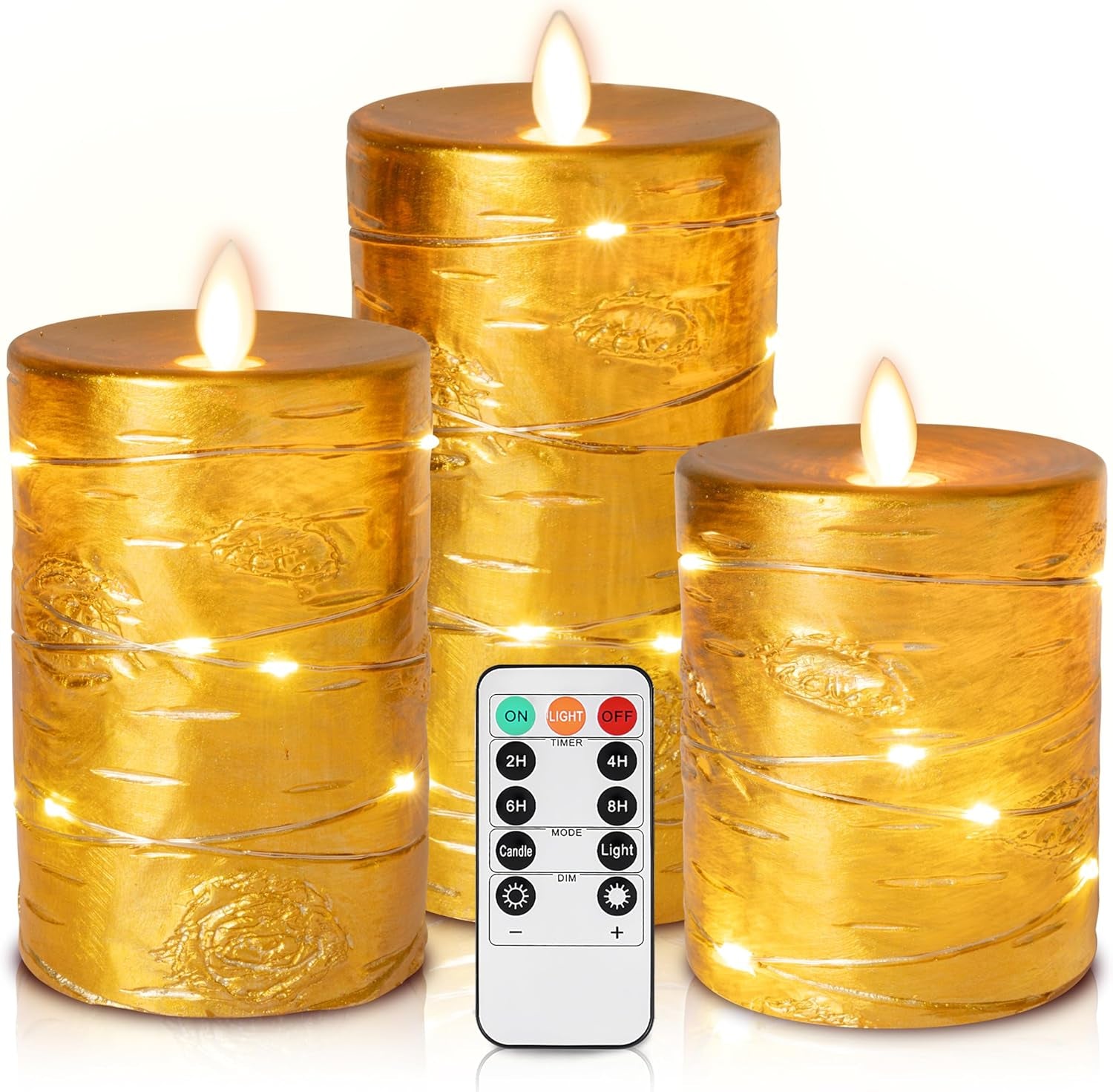 Da by Flameless Candles with String Lights，Battery Operated Candles,Led Flickering Candles with Remote Control and Timer, Real Wax, 3 Pack-Ivory