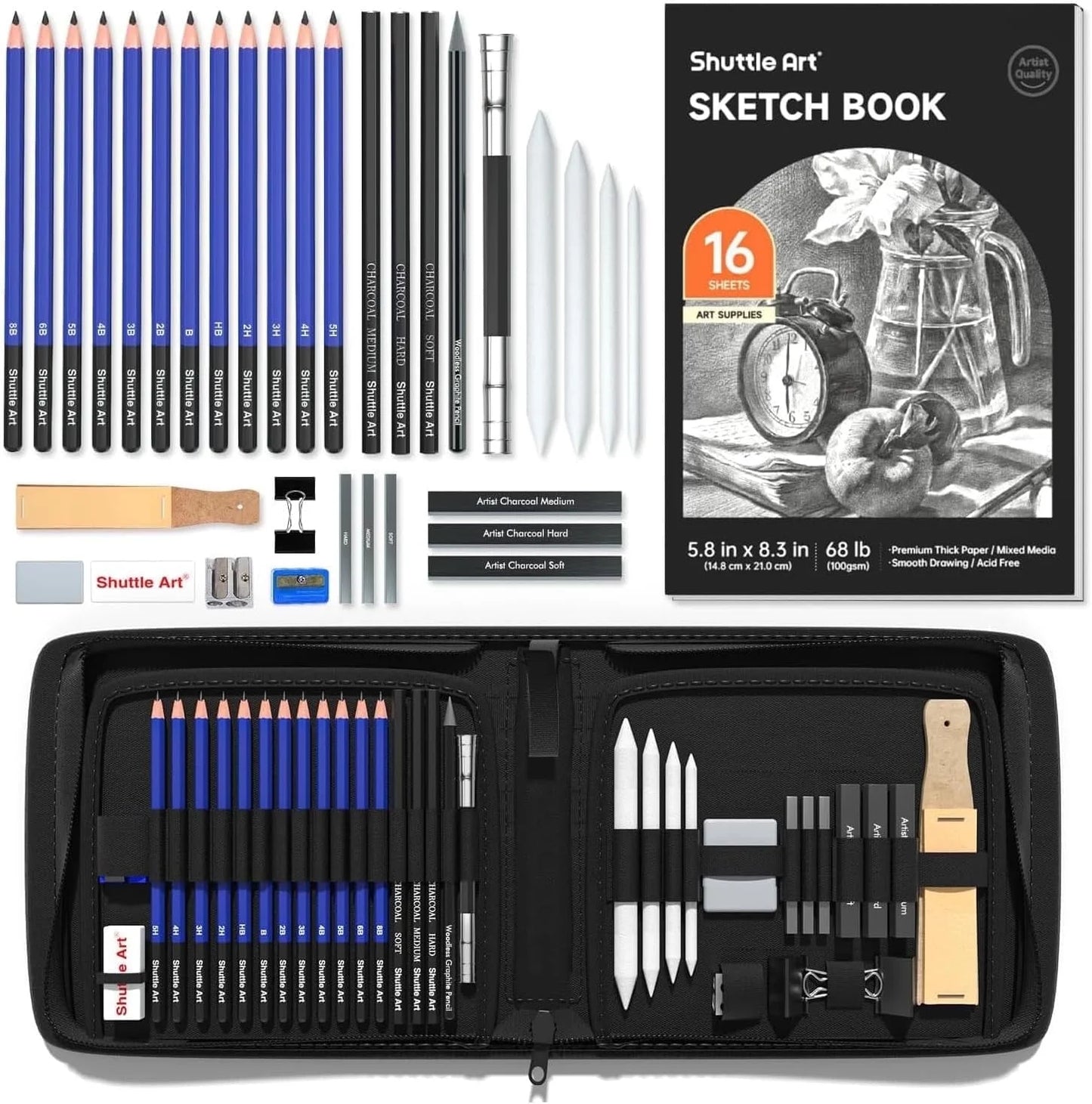 Sketching and Drawing Pencils Set, 37-Piece Professional Sketch Pencils Set in Zipper Carry Case, Drawing Kit Art Supplies with Graphite Charcoal Sticks Tool Sketch Book by