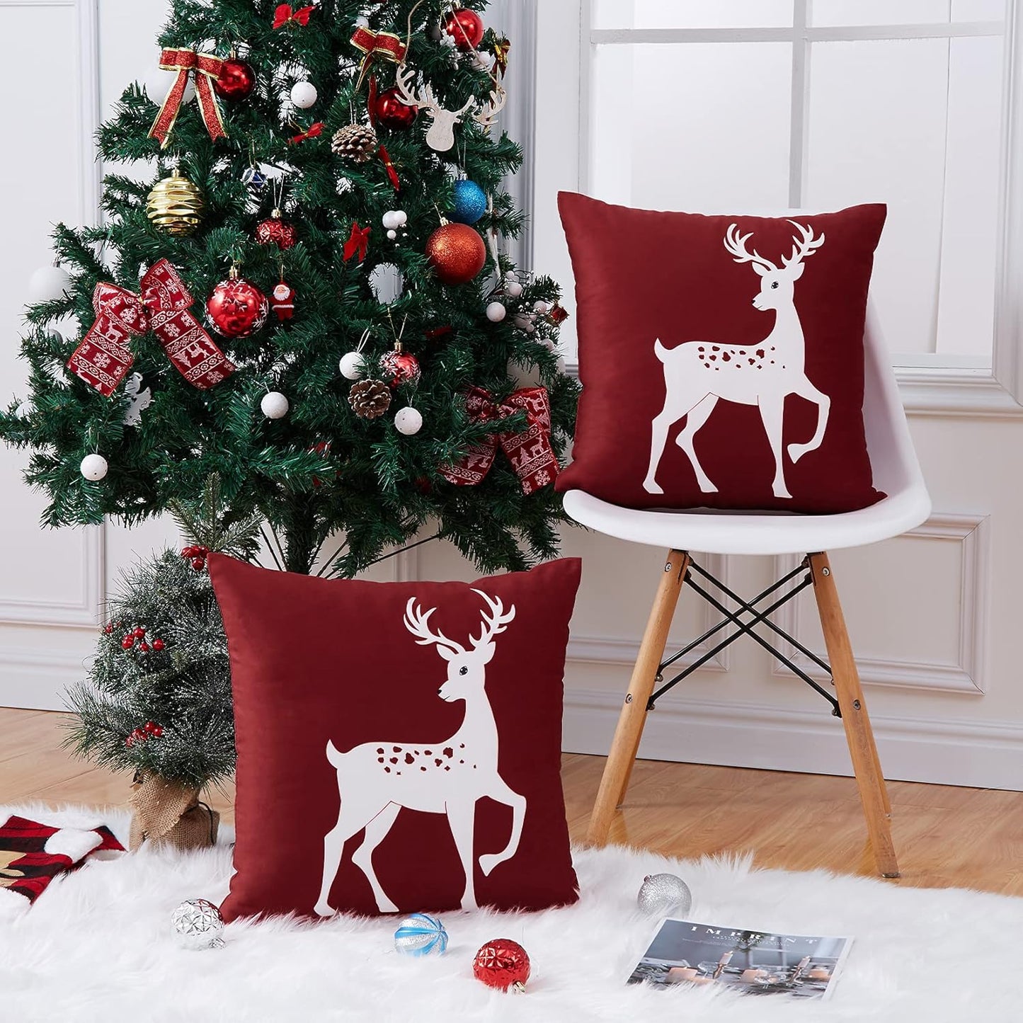 CAROMIO Christmas Decorations Pillow Covers 18 X18 Inch Set of 2 Farmhouse Christmas Decor for Bedroom, Deer Rustic Xmas Pillow Case Winter Holiday Decorations Throw Cushion Case for Home Couch, Pink
