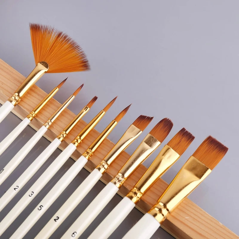 10Pcs Nylon Hair Wooden Handle Watercolor Paint Brush Pen Set DIY Oil Acrylic Painting Art Paint Brushes Dropship