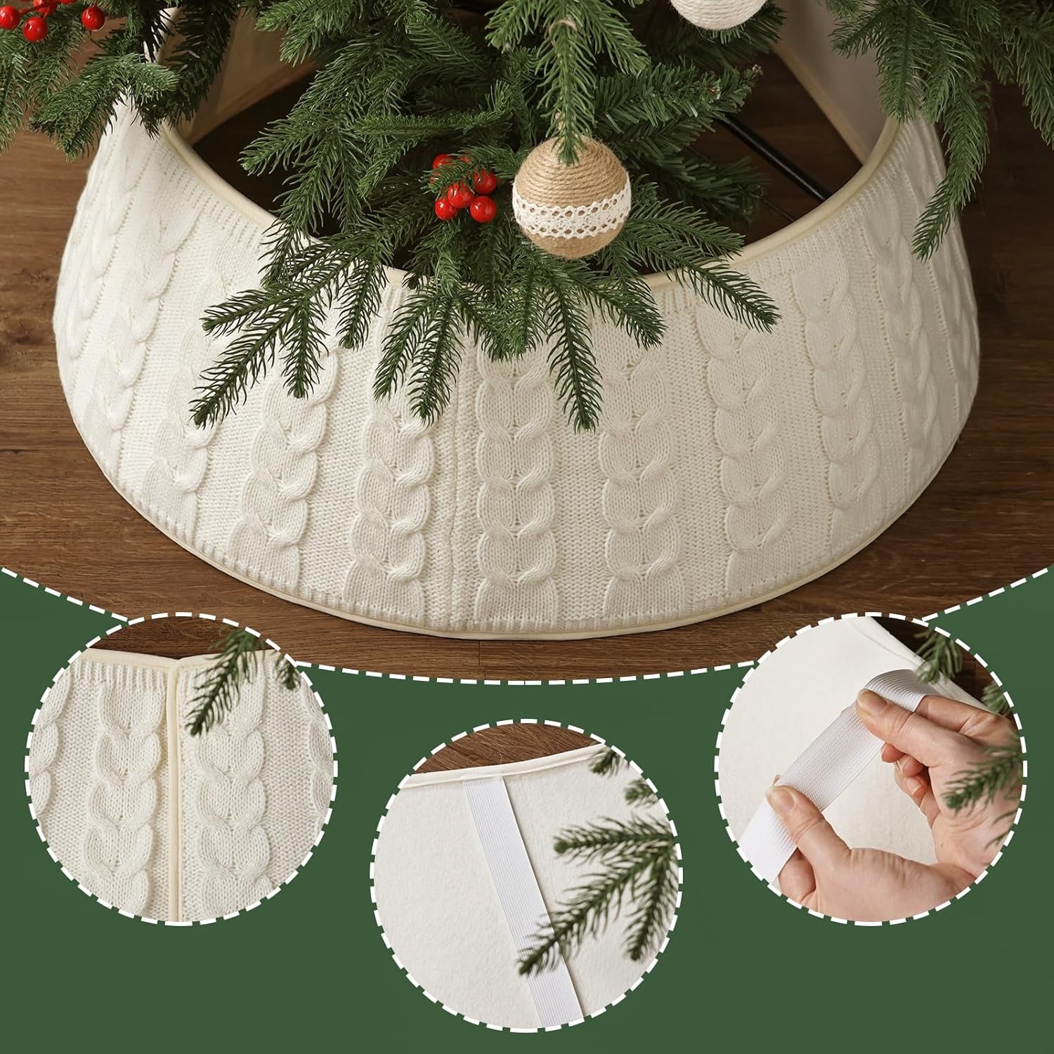 Cream White Knitted Christmas Tree Collar - Rustic Boho Base Cover Decor