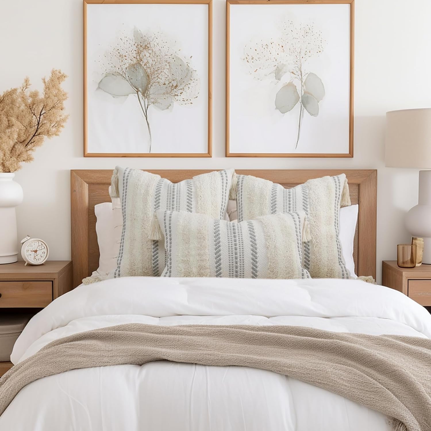 Decoruhome Decorative Boho Throw Pillow Covers 20X20 Set of 2, Accent Neutral Textured Tufted Pillow Covers Striped for Couch Bed Sofa Living Room, Khaki and Cream White