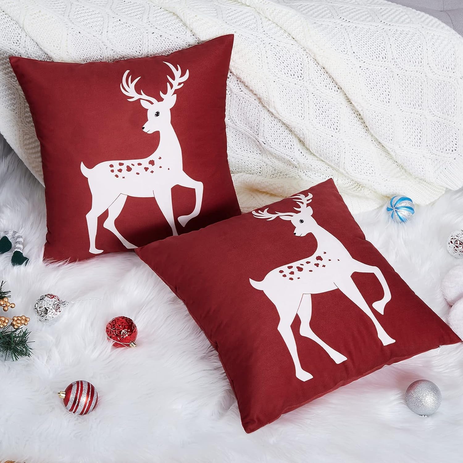CAROMIO Christmas Decorations Pillow Covers 18 X18 Inch Set of 2 Farmhouse Christmas Decor for Bedroom, Deer Rustic Xmas Pillow Case Winter Holiday Decorations Throw Cushion Case for Home Couch, Pink