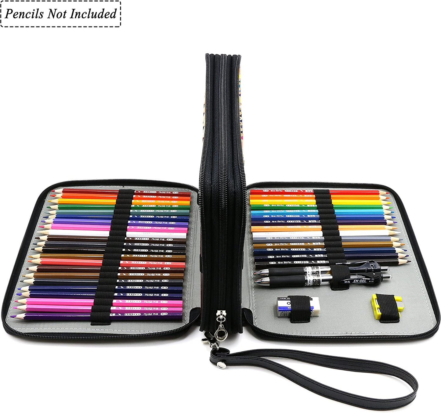 YOUSHARES 120 Slots Pencil Case - PU Leather Handy Multi-Layer Large Zipper Pen Bag with Handle Strap for Prismacolor Watercolor Pencils, Crayola Colored Pencils, Marco Pens and Makeup Brush (Black)