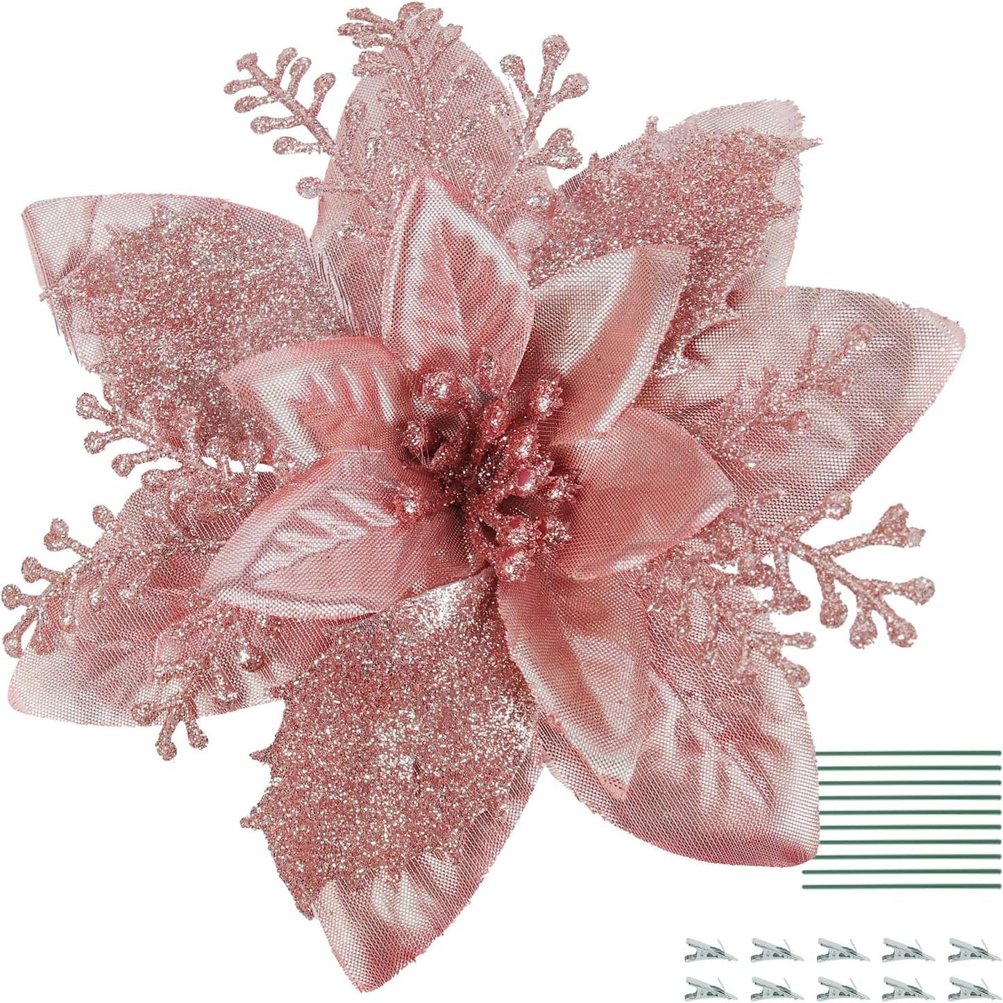 RECUTMS 10 Pcs Christmas Glitter Artificial Poinsettia Flowers 6 Inch Christmas Wreath Christmas Tree Flowers Ornaments Holiday Seasonal Decorations for Xmas New Year Wedding Party(Red)