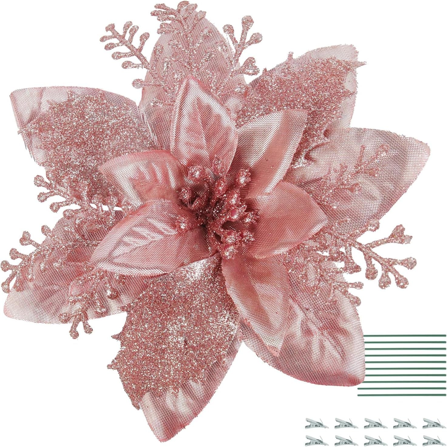 RECUTMS 10 Pcs Christmas Glitter Artificial Poinsettia Flowers 6 Inch Christmas Wreath Christmas Tree Flowers Ornaments Holiday Seasonal Decorations for Xmas New Year Wedding Party(Red)