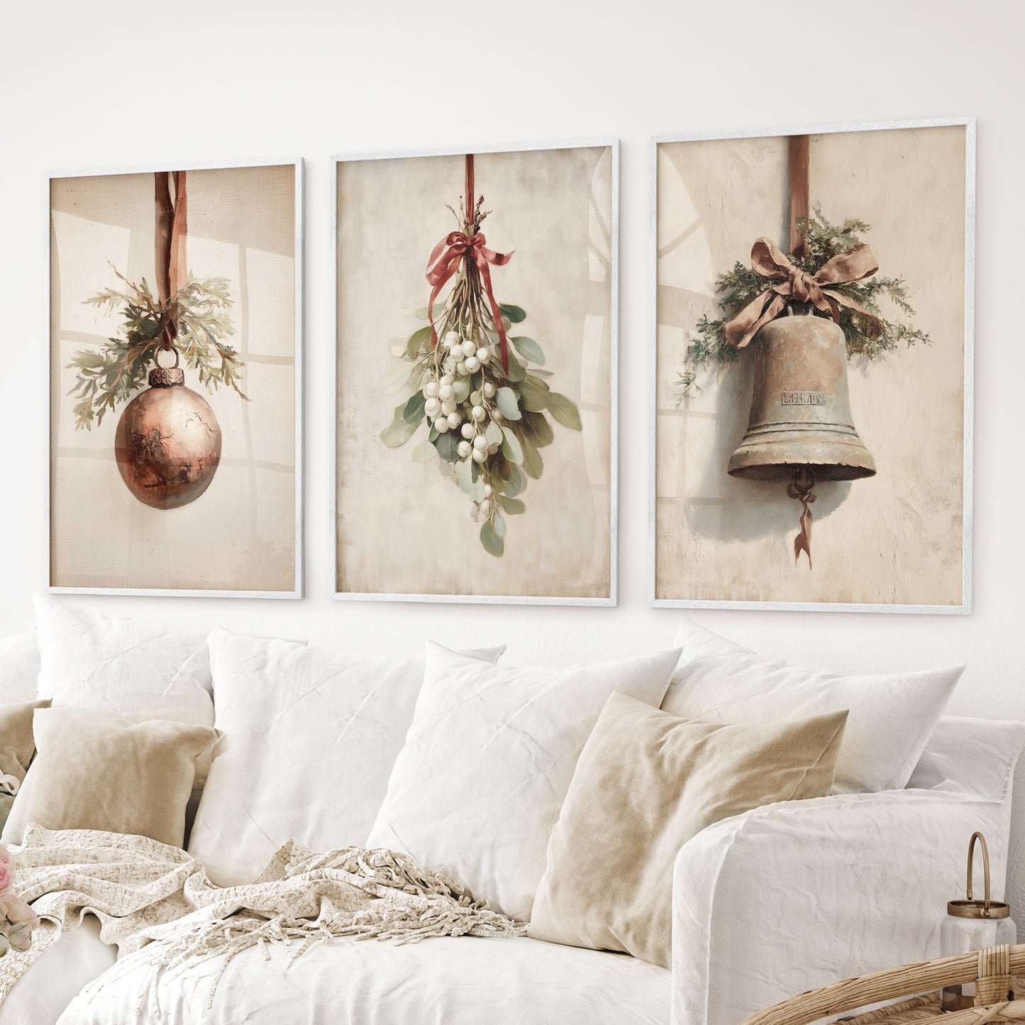 Rustic Holiday Set of 3 Prints: Vintage Christmas Bell Art