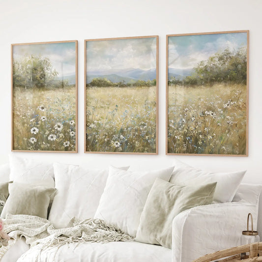 Neutral Meadow Wildflowers Wall Art. Set of 3 Nature Prints